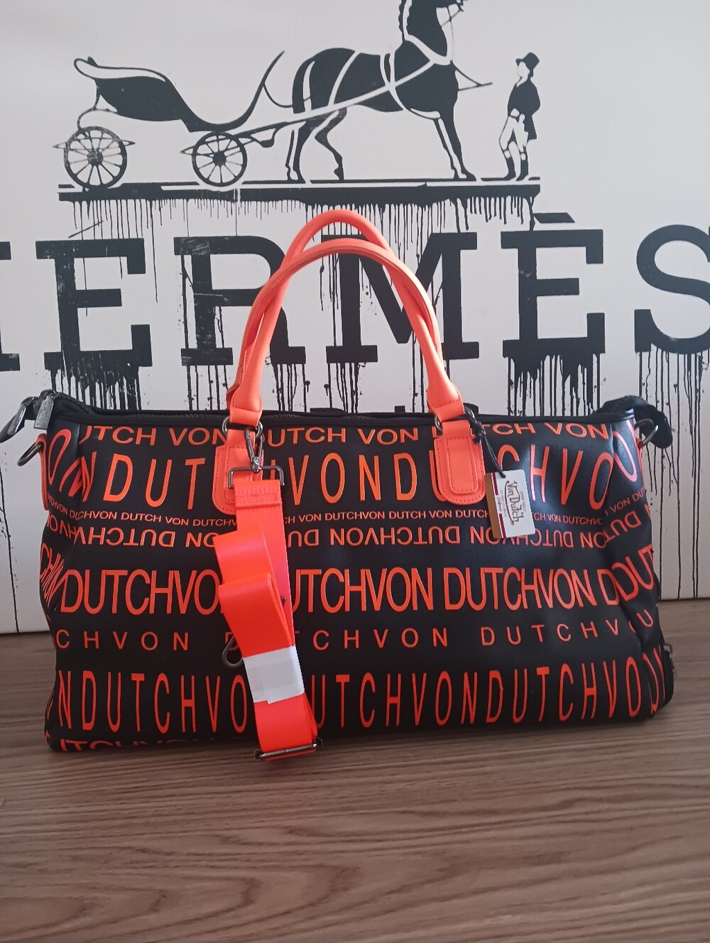 NWT Von Dutch Monogram Weekender Duffle Bag ,travel Bag Orange/ Black